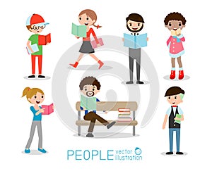 Set of students with books,people reading book, Vector Illustration.