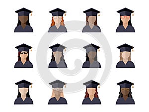 set of students girl in a graduate cap of different races, nationalities and skin colors