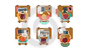 Flat vector set of students sitting behind desks, top view. Pupils of school or university. Education theme