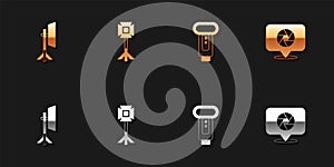 Set Studio light bulb in softbox, Photo camera flash and Camera shutter icon. Vector