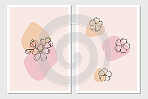 Set of style cards Abstract modern collage of geometric shapes, branches with sakura flower and bud in trendy modern style.