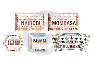 Set of stylised passport stamps for major airports of Kenya, Uganda, Rwanda and Burundi in vector format.