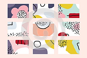 Set of stylish backgrounds with hand drawn doodle objects and abstract organic shapes. Modern template for pre-made poster