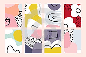 Set of stylish backgrounds with hand drawn doodle objects and abstract organic shapes. Modern template for wedding invitation