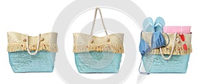 Set with stylish bags and beach accessories on white. Banner design