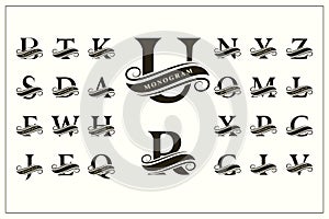 Set of Stylish Capital Letters. Vintage Logos. Filigree Monograms. Ribbon for Inscription. Beautiful Collection. English Alphabet