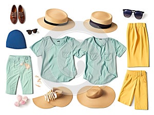 set of stylish clothes for clothes on white background