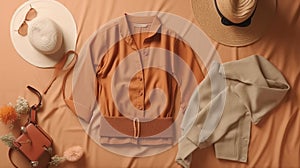 Set of stylish clothes,woman trendy fashion clothes collage on beige, flat lay, top view. Al generated