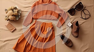 Set of stylish clothes,woman trendy fashion clothes collage on beige, flat lay, top view. Al generated