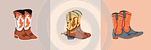 Set of Stylish cowboy boots with different ornaments. Shoe pairs collection