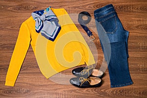 Set of stylish female clothes and accessories