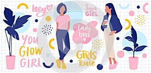 Set with Stylish girls and hand lettering. Bright Stickers collection.