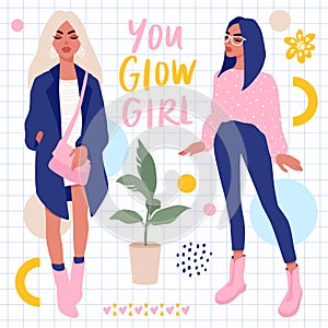 Set with Stylish girls and hand lettering. Bright Stickers collection.