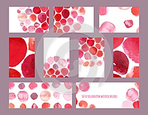 Set of stylish hand-drawn raster business cards and banners, based on red and pink brush smears and dyes. Horizontal and vertical