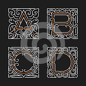 The set of stylish monogram emblem templates. Letters A, B, C, D. Vector illustration.