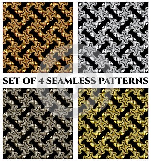 Set of 4 stylish seamless patterns with golden, silver and bronze fractal ornament on black background