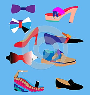 Set of stylish shoes and bow ties