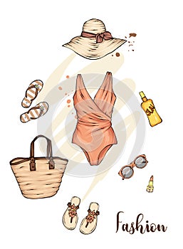 A set of stylish summer clothes and accessories. Swimsuit, shoes, hat, sunblock, beach bag and sunglasses, perfume and lipstick.