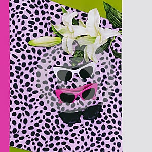 Set stylish sunglasses on leopard print background. Fashion summer accessory