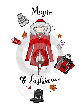 A set of stylish women`s clothing and accessories. Jacket, coat, shoes, bag, shoes, hat, glass of coffee and perfume. Autumn.