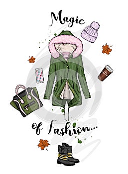 A set of stylish women`s clothing and accessories. Jacket, coat, shoes, bag, shoes, hat, glass of coffee and perfume. Autumn.