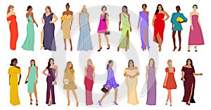 Set of stylish young women in evening dress vector
