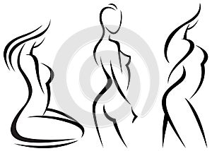 Set stylized beautiful women silhouettes