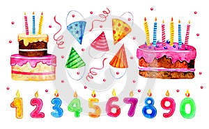 Set of stylized birthday elements. Hand drawn cartoon cakes, numeral candles and party hats. Watercolor sketch illustration