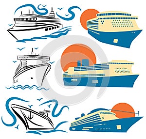 Set of stylized cruise liners. Collection of cruise logos. Vector illustration for travel.