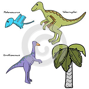 Set of stylized dinosaur and tree photo