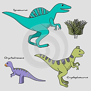 Set of 3 stylized dinosaurs with names, ethnic painting photo