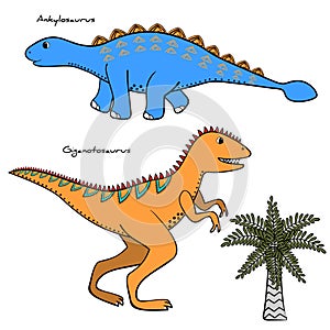 Set of 2 stylized dinosaurs and tree photo