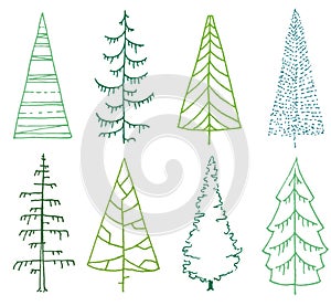 Set of stylized fir trees on white. line art trees with minimal design