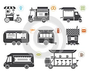 Set of stylized illustrations of various vehicles and trailers that represent sales objects
