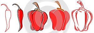 Set of stylized isolated red peppers