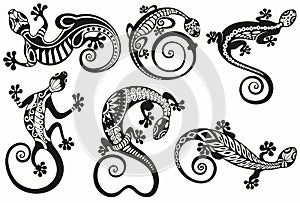 Set of stylized lizard. Collection of decorative silhouettes of reptiles.