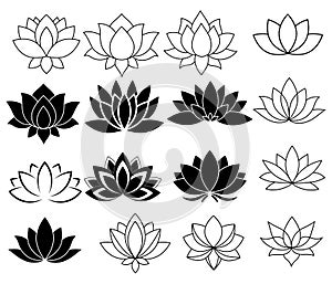 Sada skládající se z stylizovaný lotosy. z květiny označení organizace nebo instituce. černý bílý vektor ilustrace. tetování 