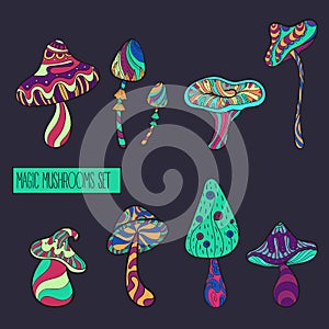 Set of stylized mushrooms in acid colours