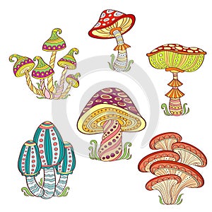 Set of stylized ornamental colorful mushrooms