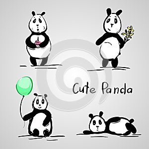 Set of stylized pandas in different positions