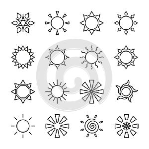 Set of stylized sun logotype. Line icon of sun, star, flower. Isolated black outline logo on white background.