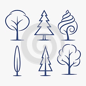 A Set of stylized tree silhouettes. each with a different shape and size