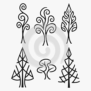 A Set of stylized tree silhouettes. each with a different shape and size
