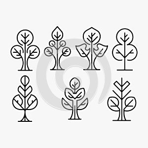 A Set of stylized tree silhouettes. each with a different shape and size