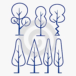 A Set of stylized tree silhouettes. each with a different shape and size