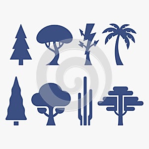 A Set of stylized tree silhouettes. each with a different shape and size