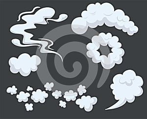 Set of stylized white clouds. Vector smoke set special effects template. Cartoon steam clouds, puff, mist, fog, watery