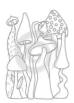 Set of stylizes mushrooms. Summer psychedelic elemenst in 70s and 80s style. Vibrant groovy and funky fungus. Rainbow