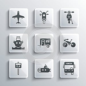 Set Submarine, Bus, Bicycle, Rv Camping trailer, Road traffic signpost, Cargo ship, Plane and Scooter icon. Vector