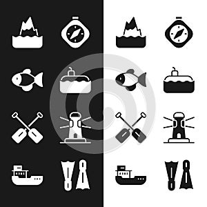 Set Submarine, Fish, Iceberg, Compass, Paddle, Lighthouse, Flippers for swimming and Cargo ship icon. Vector